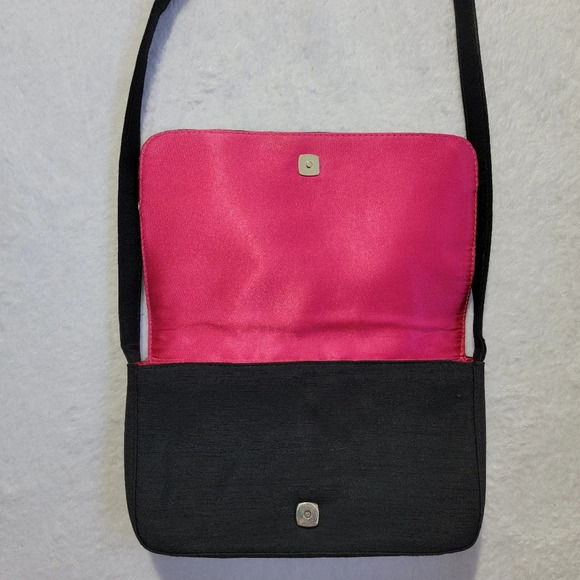 Liz Claiborne Small Satin Black Floral Embroidered Purse Hot Pink Lining - Picture 7 of 12